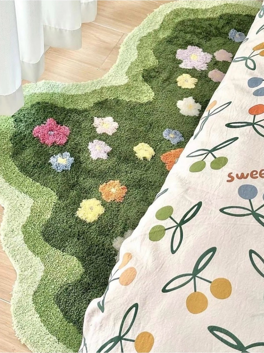 Floral green asymmetrical bathroom accent rug dopamine decor